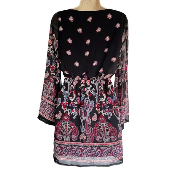 RUE21 Paisley Print Bell Sleeves Black Slip On Dress Junior Size Small - Picture 2 of 4